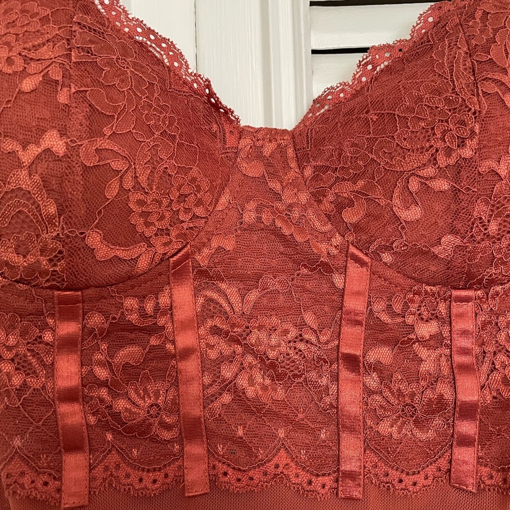 Lulus Wow-Worthy Rust Brown Lace Bustier Bodysuit - Picture 7 of 8